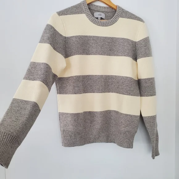 JACK SPADE Men MED Cream Gray Wide Stripe Sweater Wool Blend Crew Preppy Neutral